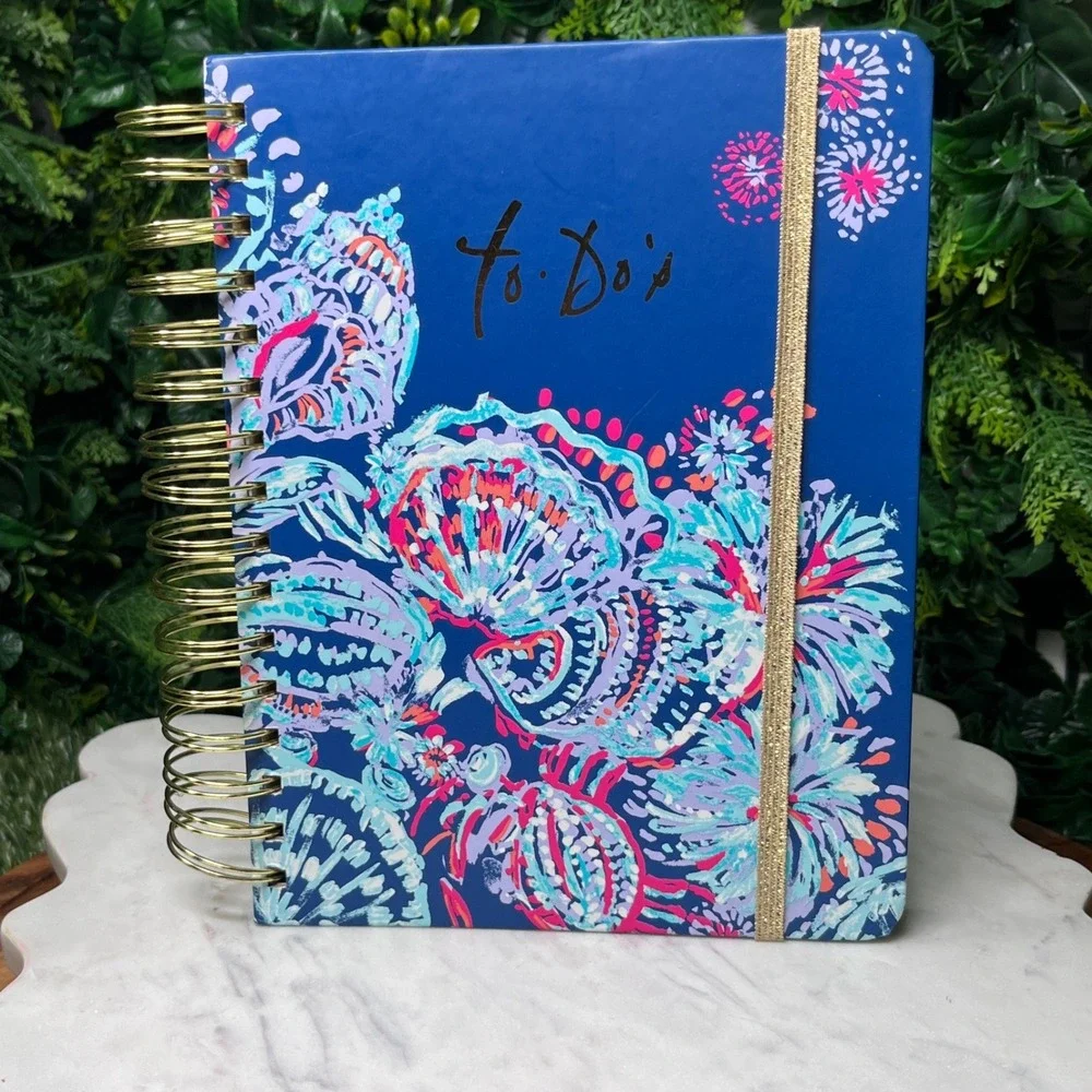Lilly Pulitzer Navy Blue Shell Floral Spiral Notebook To-Do List Hardcover Gold